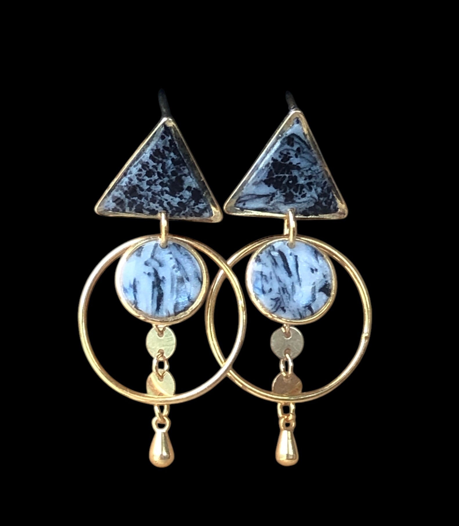 Boucles d’oreilles PROTECTION – triangle noir, marbre & goutte dorée #418 - YOGA SPIRIT
