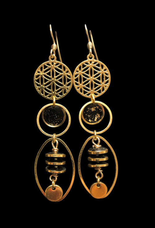 Boucles d'oreilles fleur de ie, rond noir, disques - YOGA SPIRIT