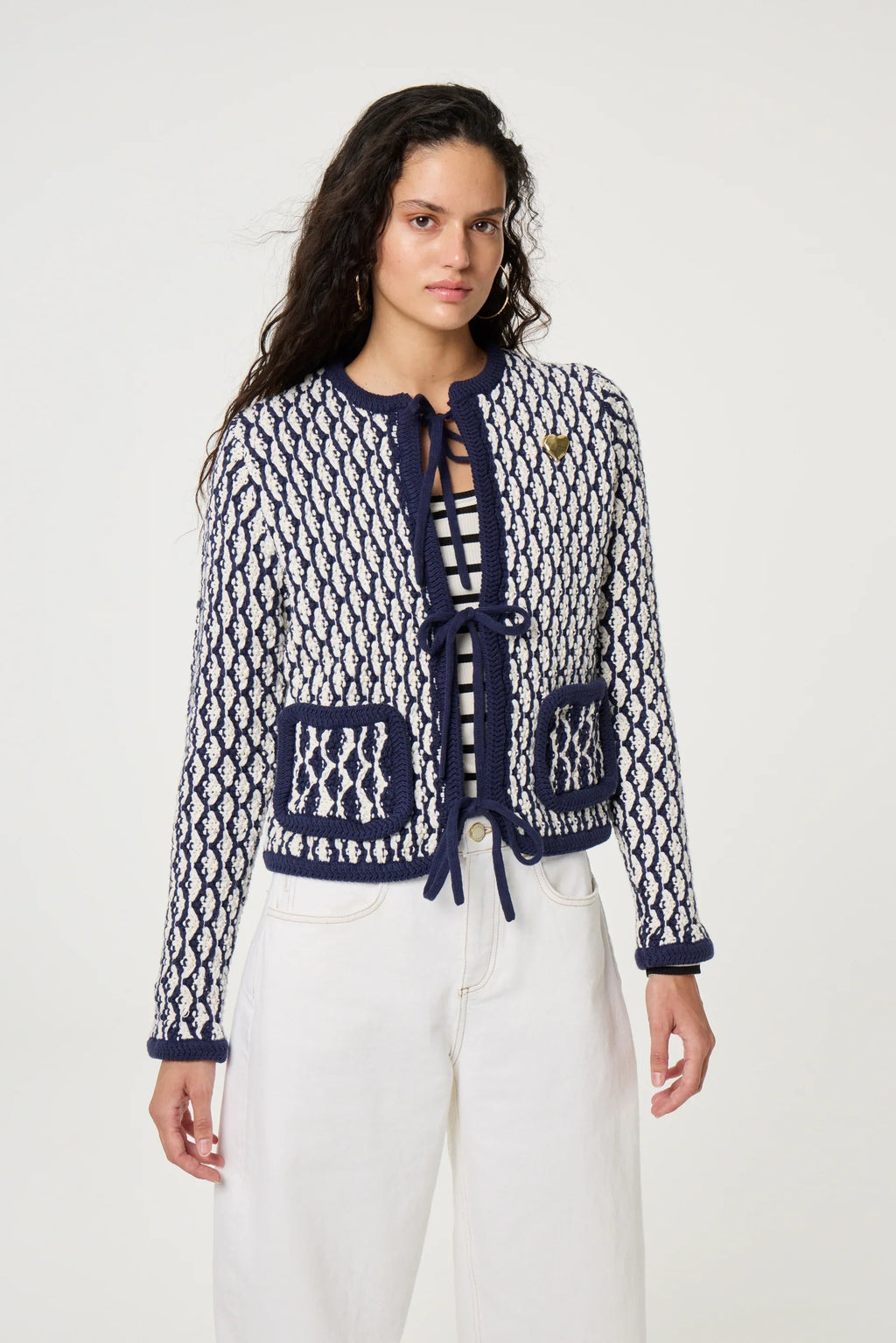 Cardigan BALOU, blanc cosy et bleu marine - YOGA SPIRIT