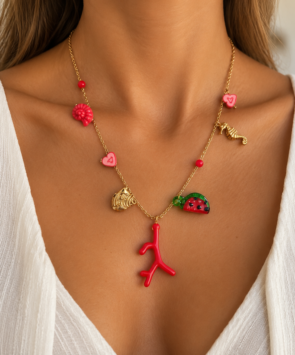 Sea and Coral Charm Necklace / Shell and Nautical Charms / Red and Coral Charms