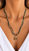 Multi-Row Turquoise and Gold Necklace with Sun Pendant