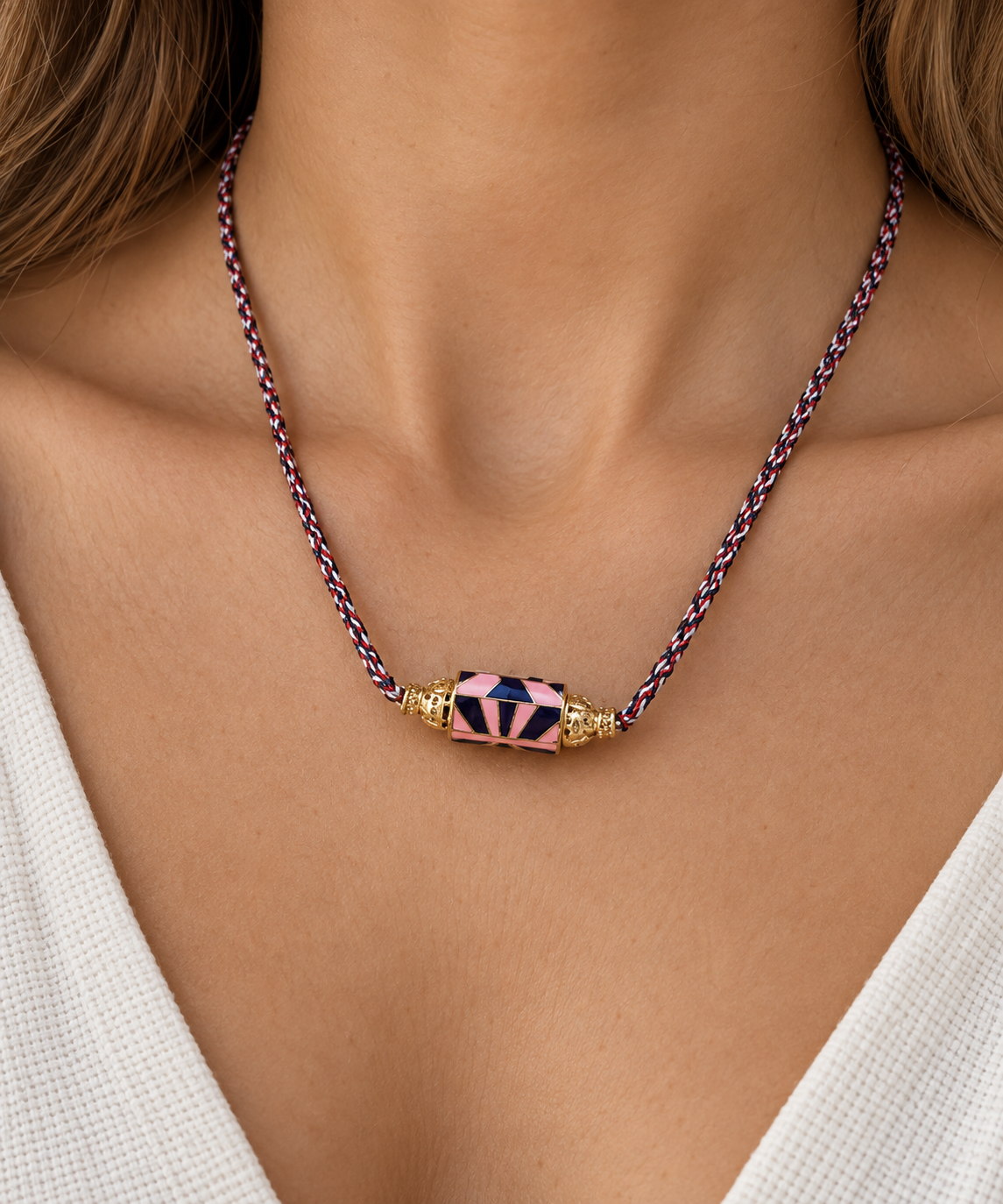 Multicolour Braided Cord Necklace with Enamel Geometric Pendant