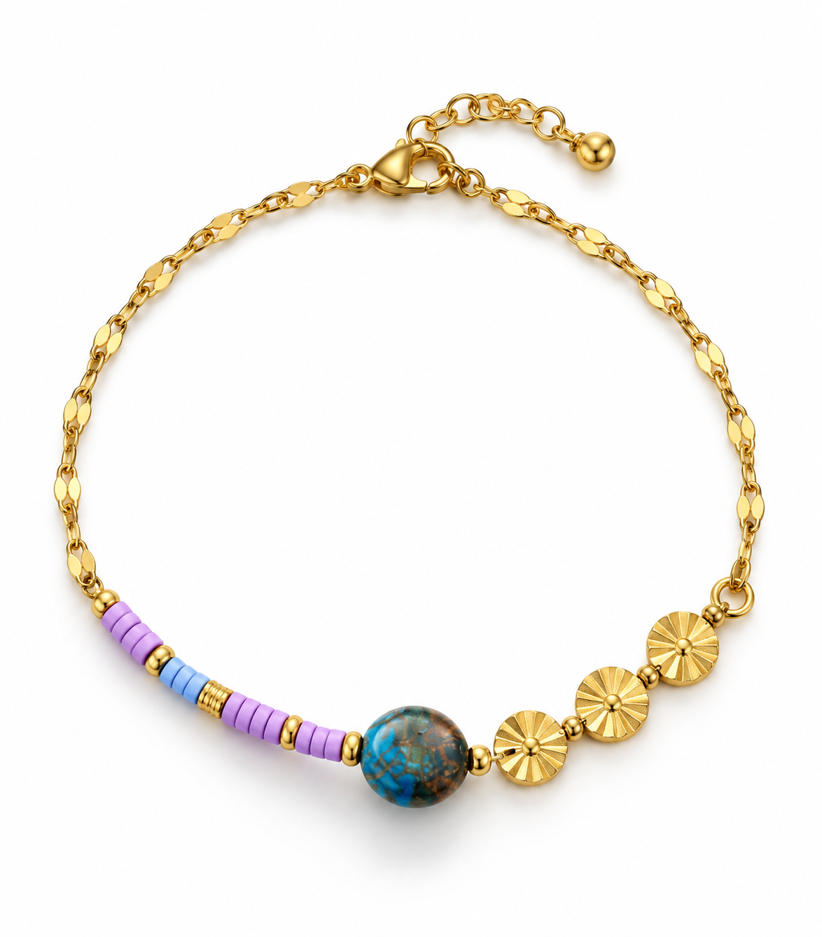 Gold Bracelet with Lilac Beads and a Blue-Tinted Stone
