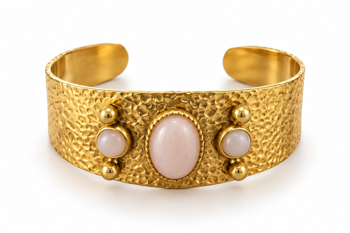 Gold Bangle Bracelets with Pink Stones and Refined Details