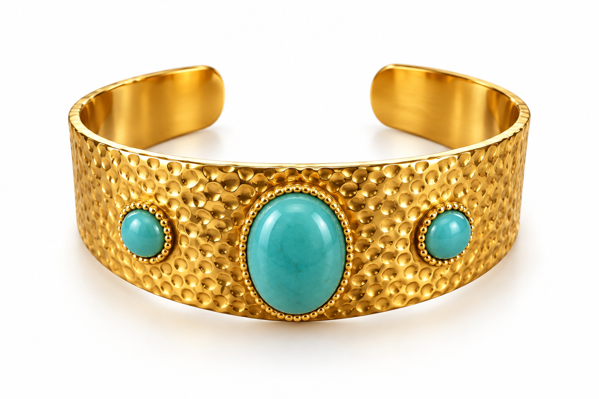 Manchette dorée martelée pierres turquoise