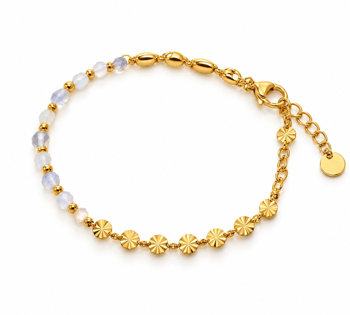 Gold Bracelet with White Beads and Delicately Textured Details