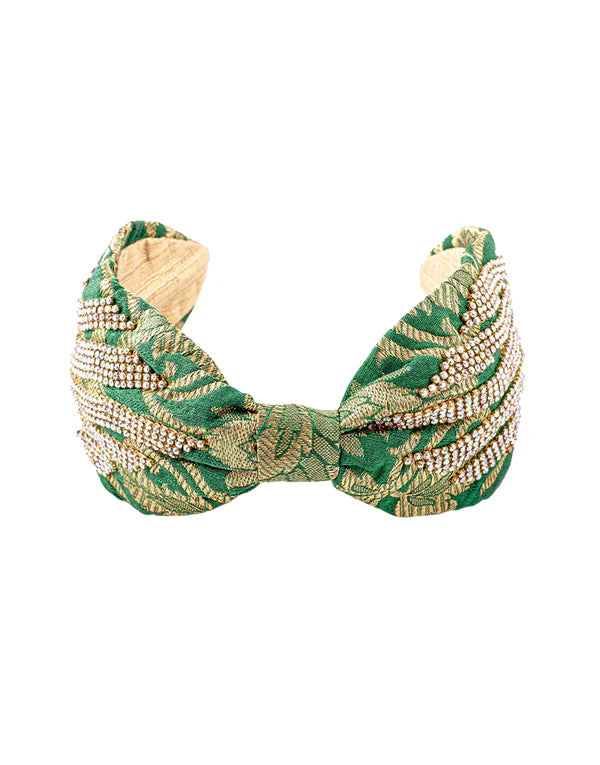 Head band cheveux vert brocart brodé perles dorées – pièce artisanale - YOGA SPIRIT