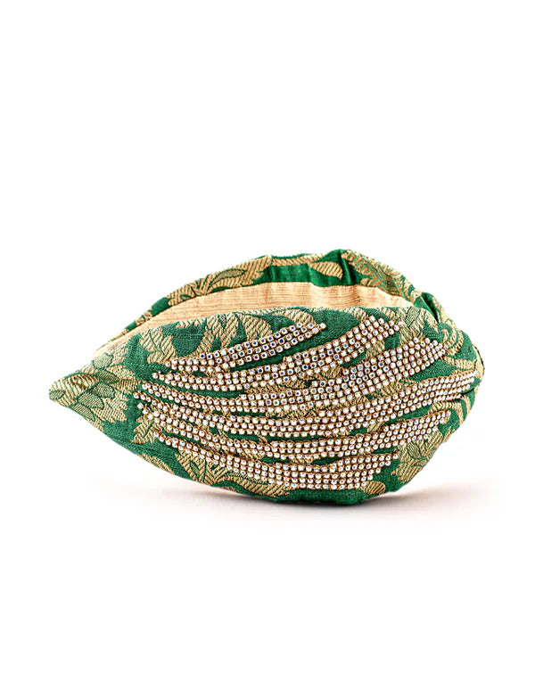 Head band cheveux vert brocart brodé perles dorées – pièce artisanale - YOGA SPIRIT
